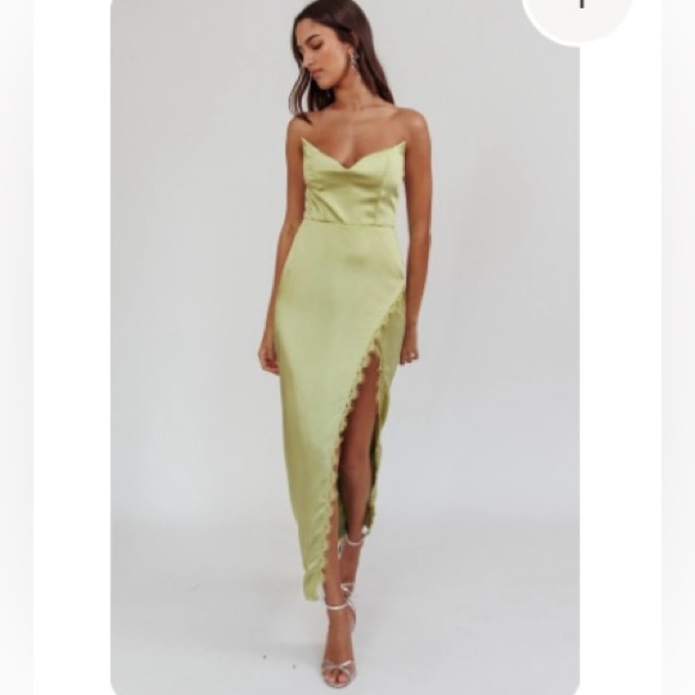Selfie Leslie Lime Satin High-Low Slip Dress with Ruffle Slit